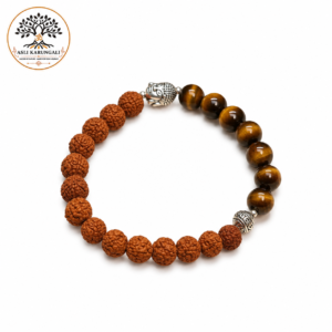 Spiritual Harmony Bracelet - Tiger's Eye, Rudraksha, and Buddha Symbol