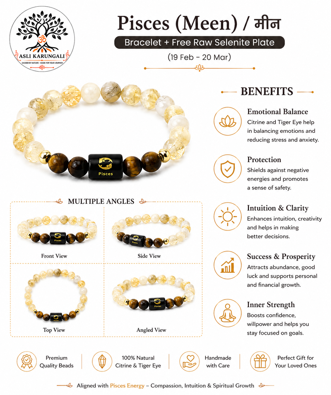 Pisces (मीन राशि) Zodiac Citrine & Tiger Eye Bracelet - Image 2